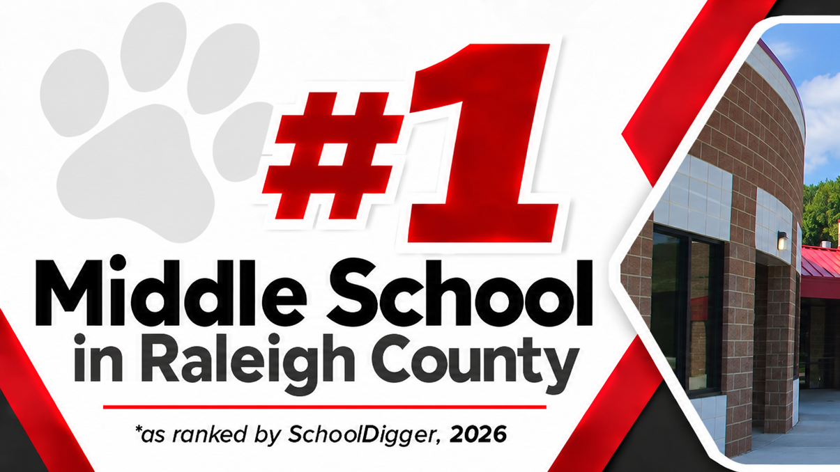 A picture of the exterior of Trap Hill Middle School with "#1" and text about being the top middle school in Raleigh County