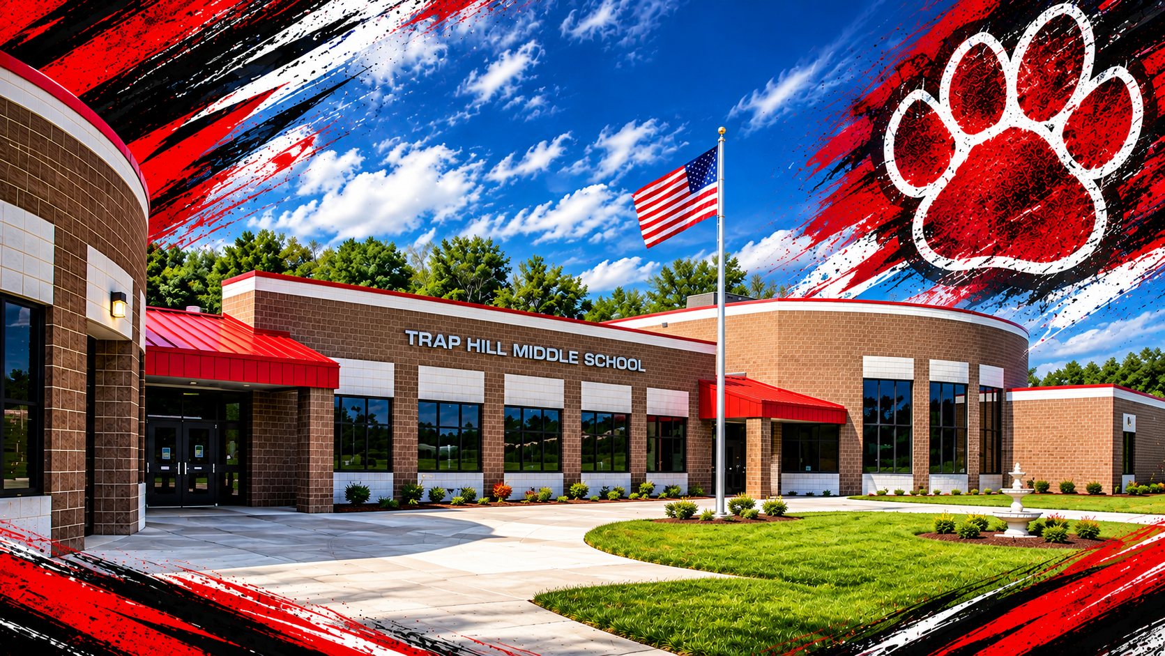A school building with a red roof, flagpole, paw print, and manicured lawn in the foreground.