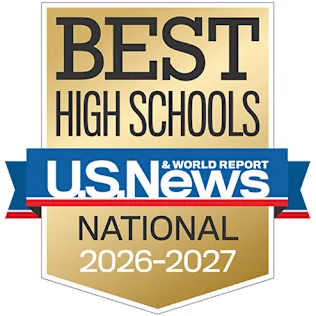 Gold and blue badge. White background. Bold text reads "Best High Schools" and "U.S. News National 2026-2027."