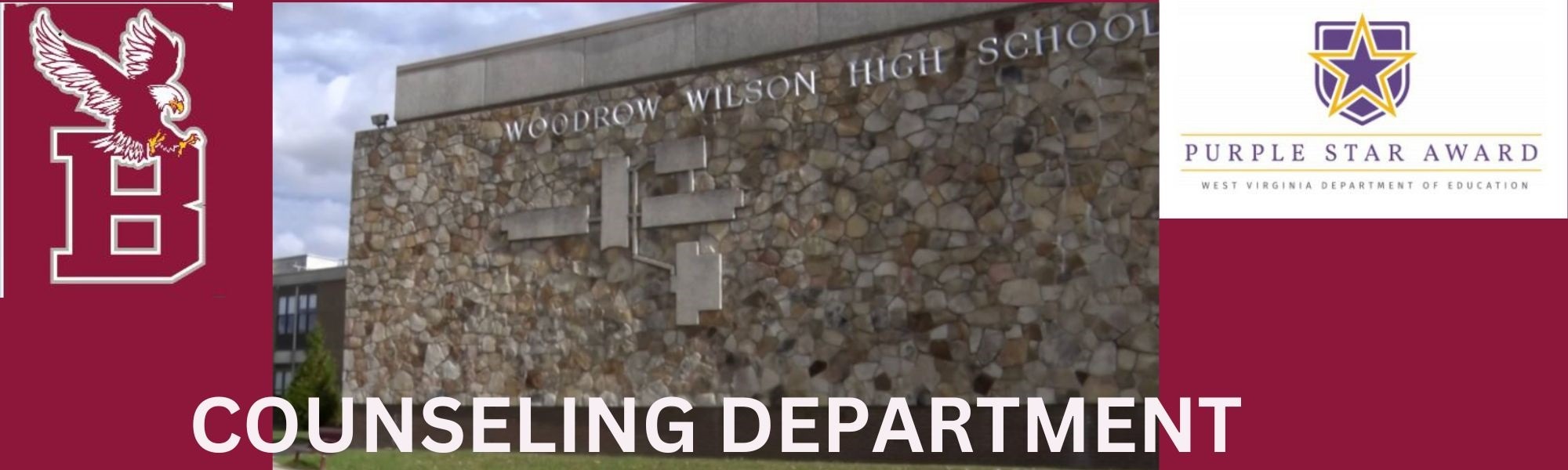 This is a picture of Woodrow Wilson High School. It also shows the flying eagle logo and the Purpule Star Award image.