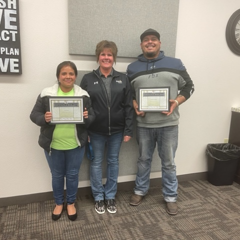 Photo of ABM Director Susan Teeter with Employees of the month, Eduardo Rodriguez and Ana Marin