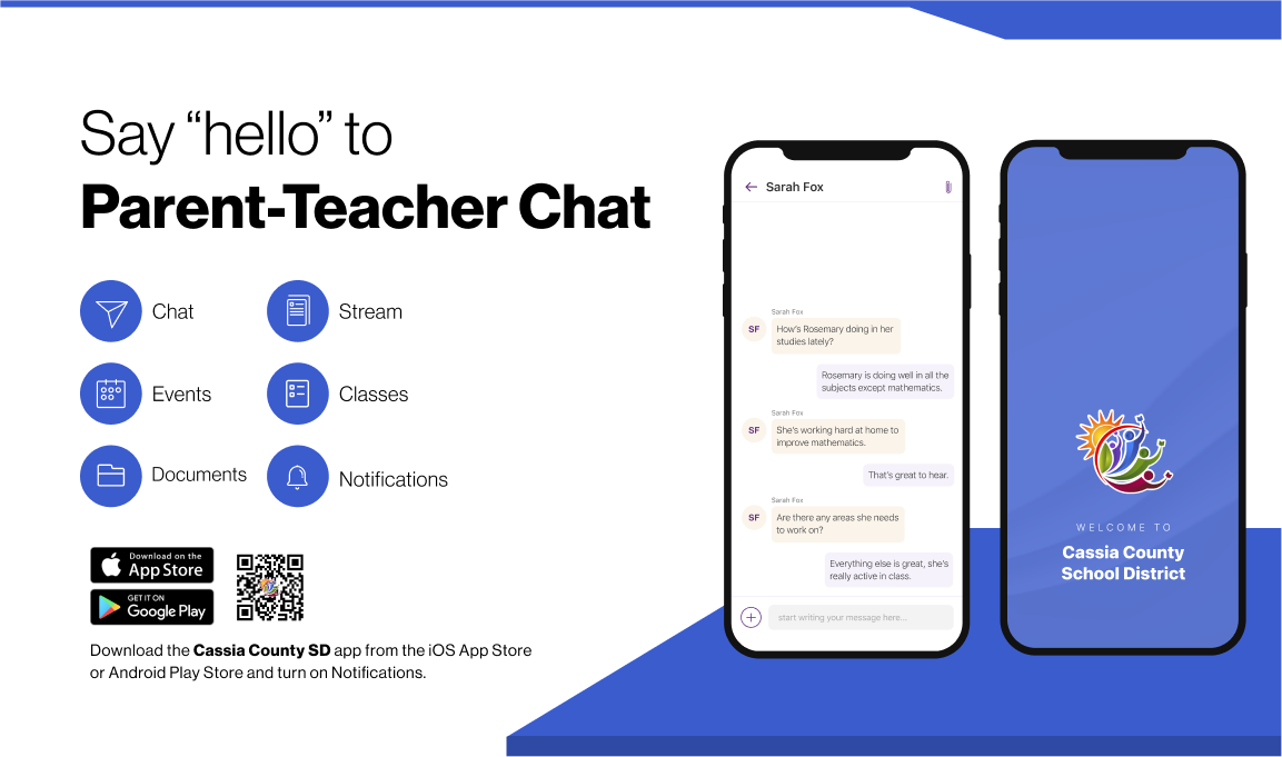 Say hello to Parent-Teacher chat in the new Rooms app. Download the (school name) app in the Google Play or Apple App store.