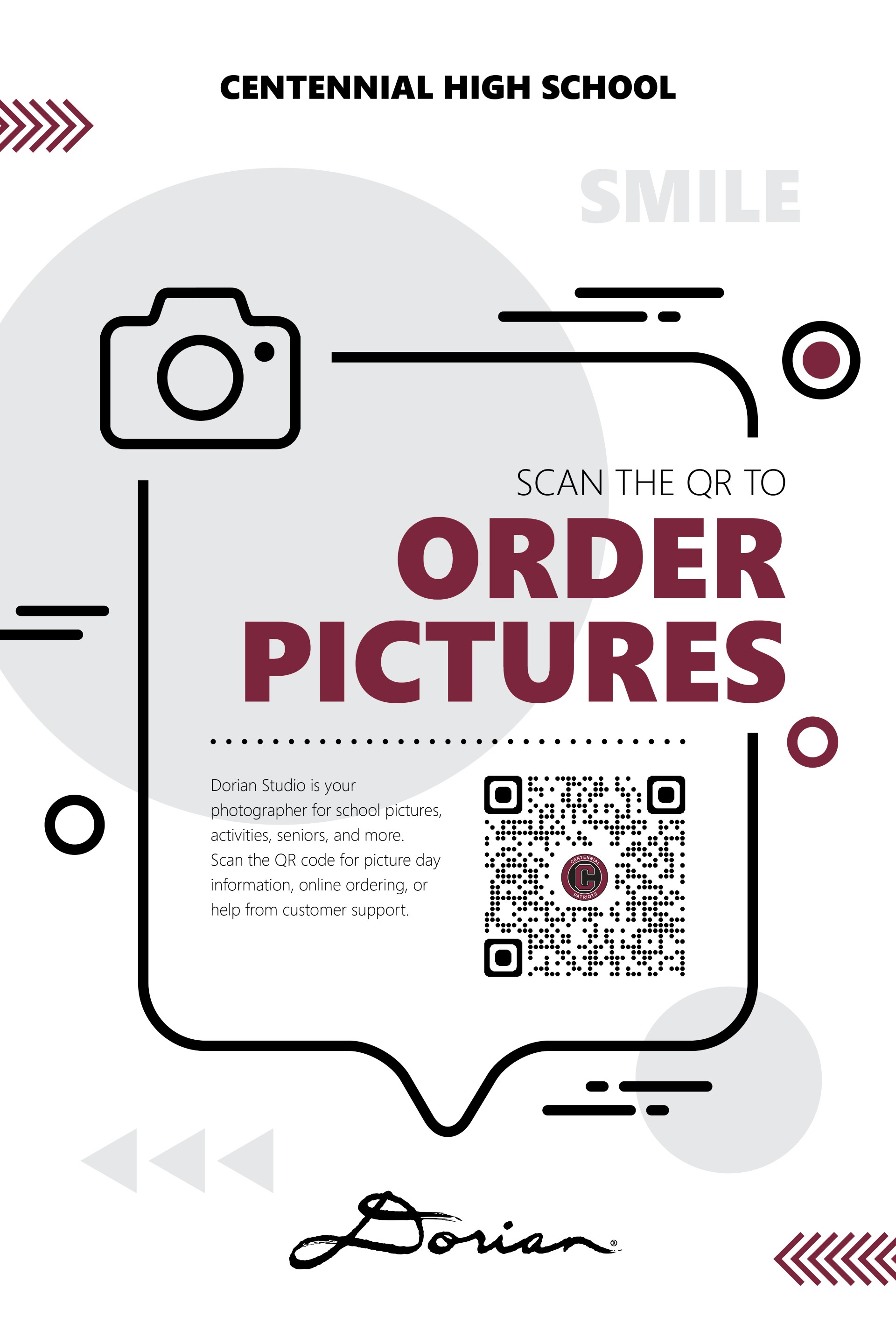 Dorian Studios flyer for ordering photos; if image clicked leads to ordering portal. Text on image: Scan the QR to Order Photos, Dorian Studios is your photographer for school pictures, activities, seniors, and more. Scan the QR Code for Picture Day information, online ordering, or help from customer support.